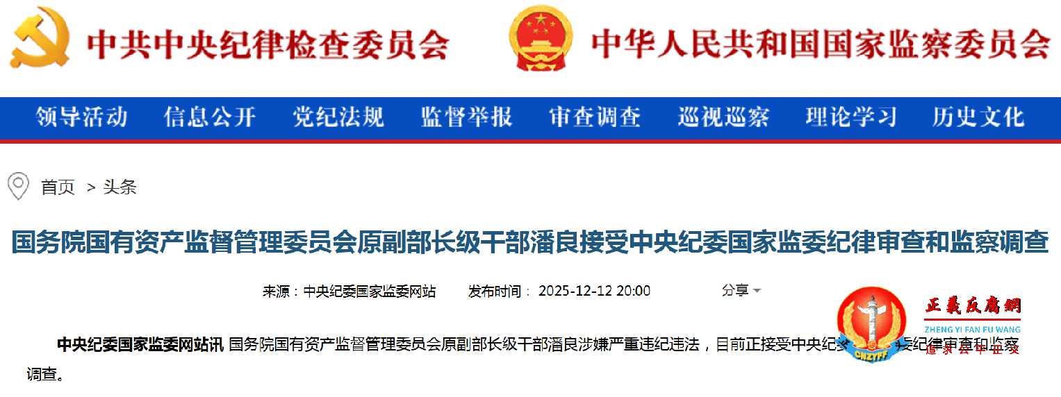 国资委原副部级干部潘良落马,2025年第59虎